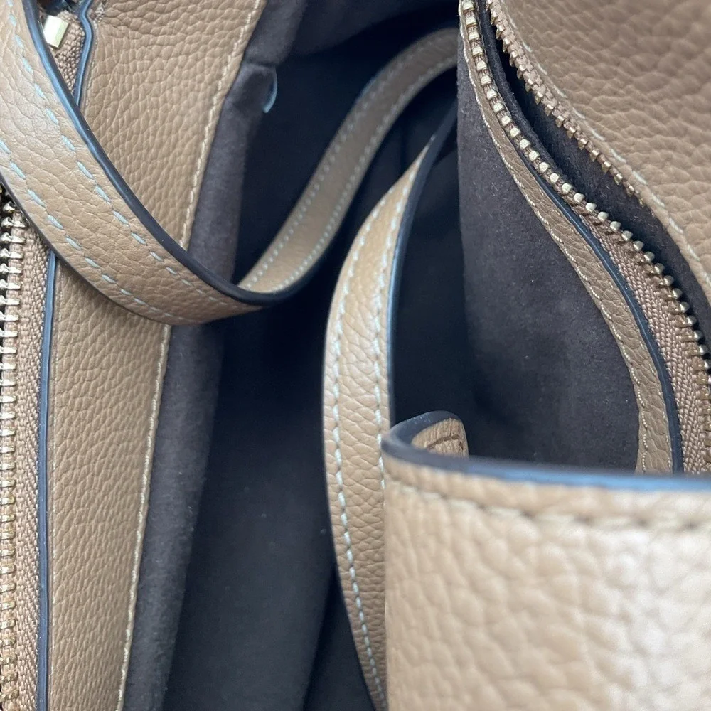 Tory Burch Tan Pebbled Leather Tote with Logo